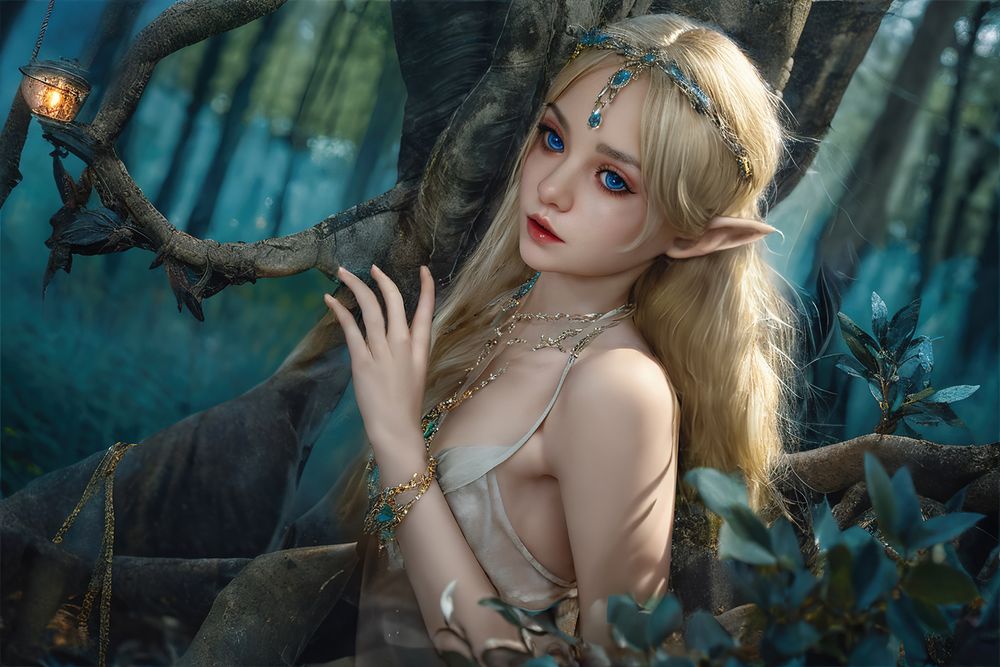 Forest Annie sex doll – full body seated front view nude with pointed elf ears against enchanted forest background showing petite flat-chest elf figure, premium cosplay sex robot doll, lifelike love doll by TopLoveDoll