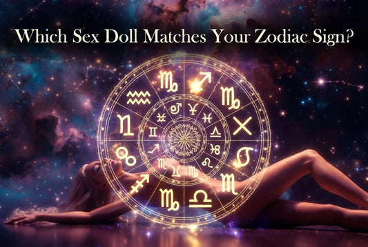 Which Sex Doll Matches Your Zodiac Sign? - A seductive realistic sex doll lying gracefully in front of a glowing golden zodiac wheel, set against a dreamy cosmic starry sky background