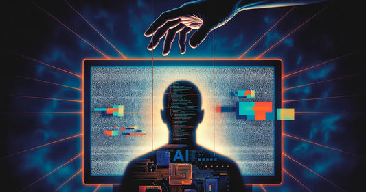AI silhouette made of code and circuit boards sitting in front of a glowing chaotic screen, controlled by puppet strings from a human hand above. Dark tech-horror digital artwork in neon blue and orange. toplovedoll.com