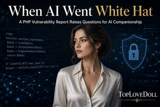 When AI Went White Hat: A PHP Vulnerability Report Raises Questions for AI Companionship - Professional banner featuring an elegant realistic woman with thoughtful expression against a dark cyber-security background of code, TopLoveDoll.com