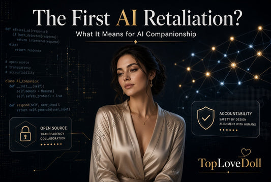 AI companionship blog banner featuring a woman in a champagne satin robe, code and network graphics, and the headline “The First AI Retaliation?”