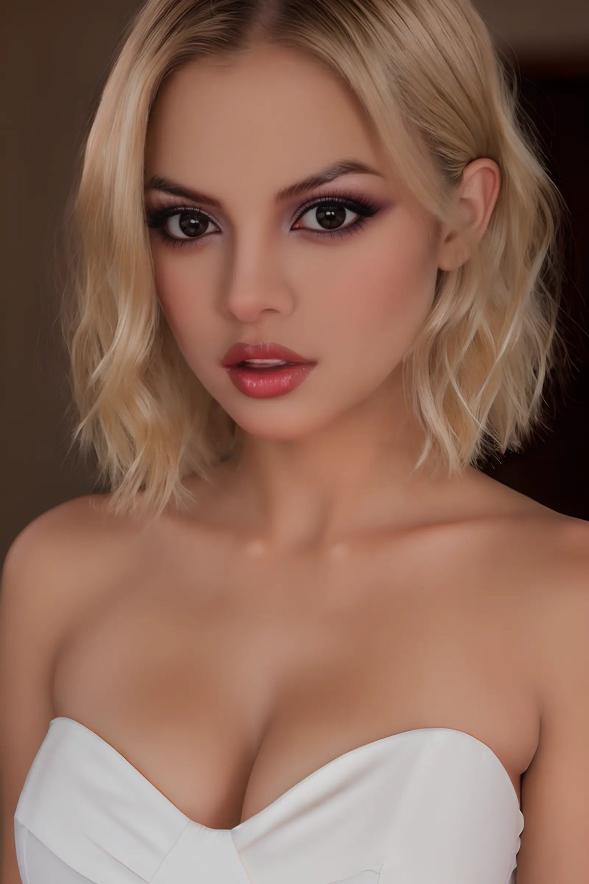 Close-up of Solenne doll showing dark eyes and softly parted lips
