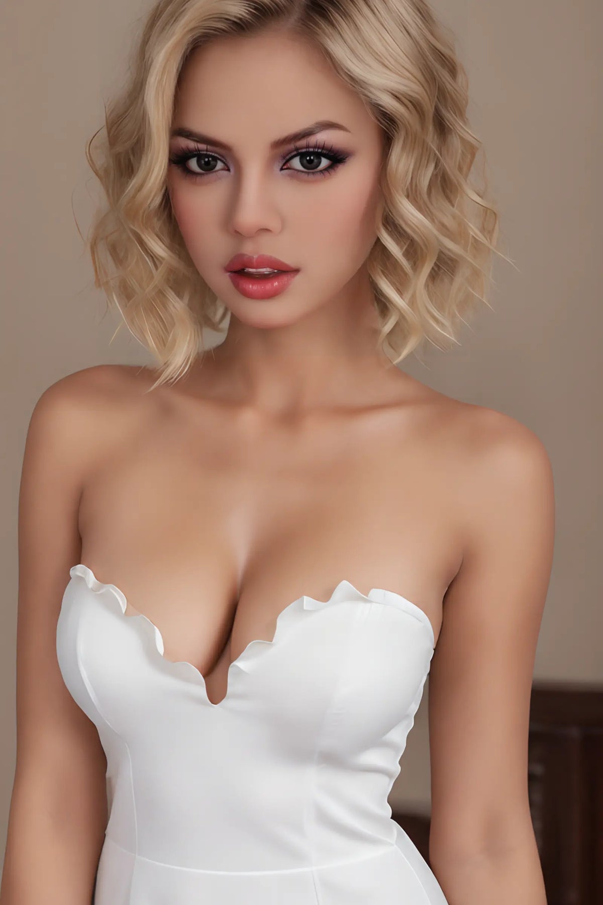 Solenne doll with short blonde waves in a white dress against a warm indoor background