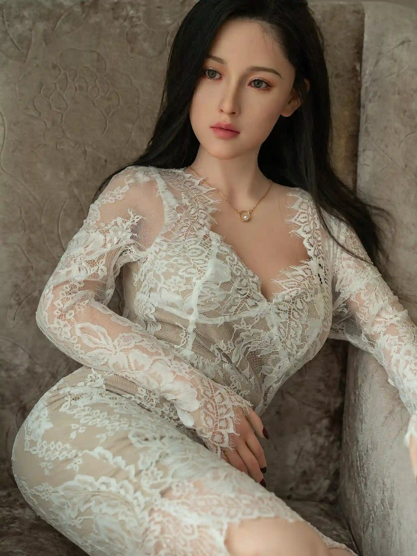 Ji-Ah, white lace bodycon dress, seated pose, Korean Gangnam beauty hourglass silhouette, looking down, borgundy finger manicure – Asian beauty sex doll by TopLoveDoll, sitting in an armchair, grey eyes, spacing out