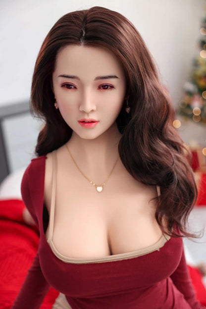 Ji-Ah, long brown curly hair, deep red U-neck top, nude bodycon skirt, refined choker, Christmas backdrop, sitting on the edge of a couch, holding a present at hands, hourglass figure, looking away, close up, sexy AF, very feminine vibes, Korean beauty sex doll by TopLoveDoll