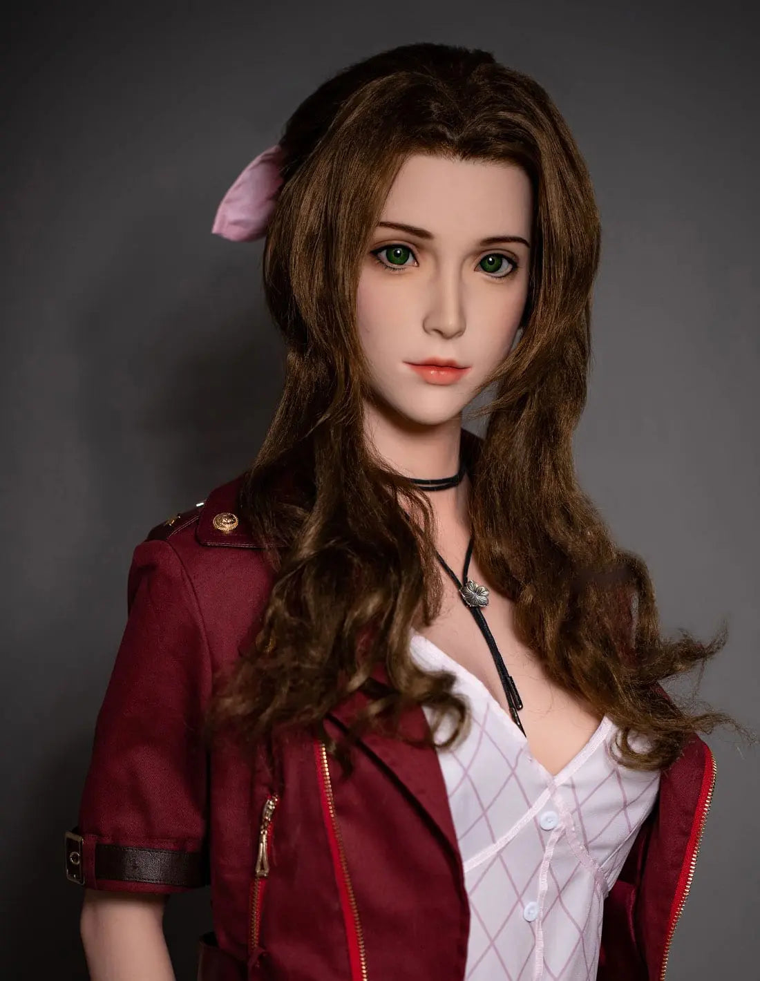 Hera dark brown long curls dark red suede jacket white lace V-neck slip dress pink bow black choker dark studio lighting – European bookish bombshell companion sex doll by TopLoveDoll