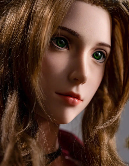Hera, iconic green eyes, dark brown long curls hair, dark red suede jacket, white V-neck slip dress, pink bow, black choker, grey studio lighting background, face close-up – European bookish bombshell companion sex doll by TopLovedoll