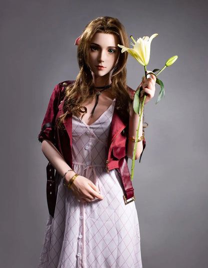 Hera, iconic green eyes, dark brown long curls hair, dark red suede jacket, white V-neck slip dress, pink bow, black choker, grey studio lighting background, holding a lily in hand– European bookish bombshell companion sex doll by TopLovedoll