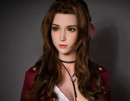 Hera, iconic green eyes, dark brown long curls hair, dark red suede jacket, white V-neck slip dress, pink bow, black choker, grey studio lighting background, chest-level shot, front view– European bookish bombshell companion sex doll by TopLovedoll