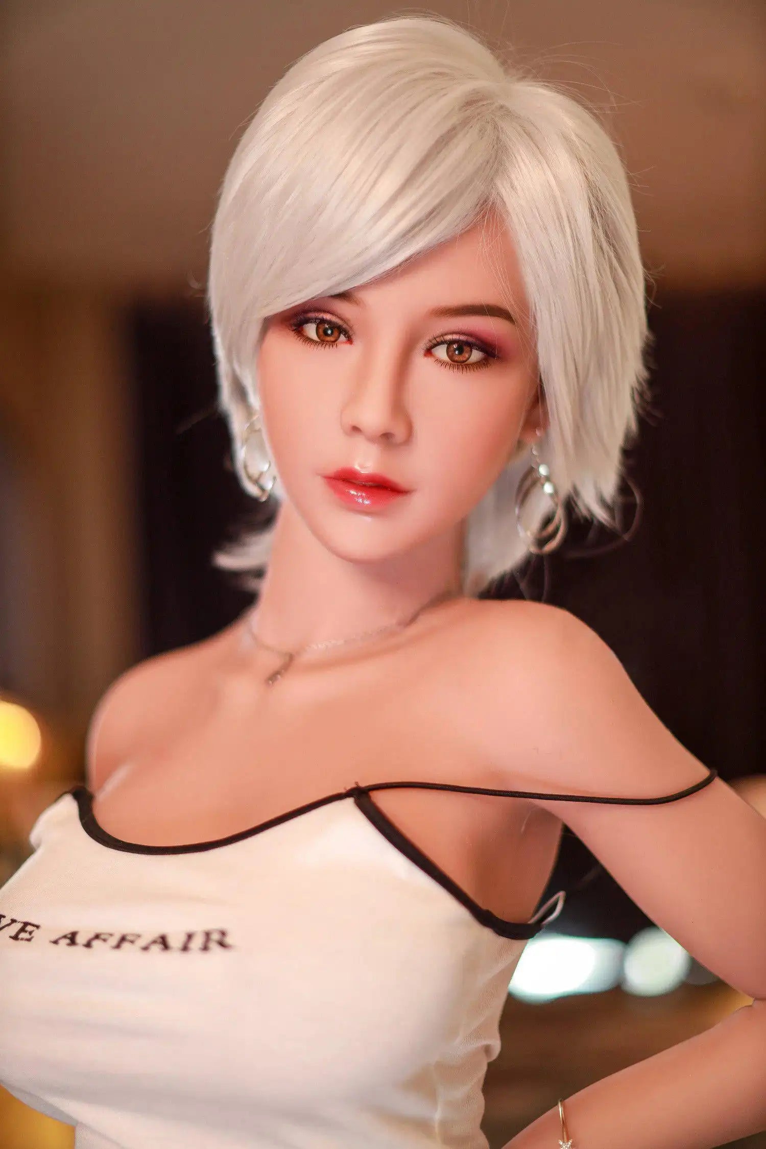 Anahi short platinum blonde hair tan skin white fitted tank denim micro skirt bold Shibuya street style pose, close up– Asian blonde pornstar sex doll by TopLoveDoll