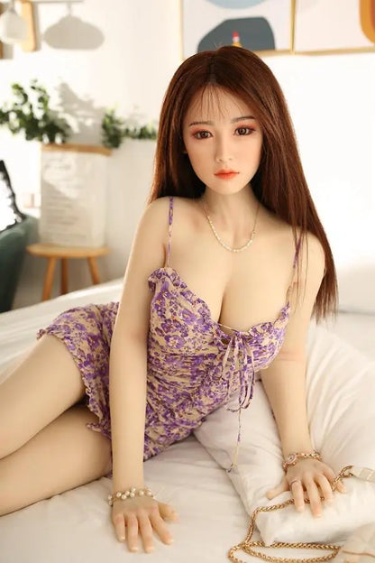 Anika long dark straight hair purple floral slip dress white lace lingerie soft curvy Asian girlfriend pose – girl-next-door sex doll by TopLoveDoll
