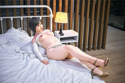 Anya next door sis Asian sex doll - wearing a white off-shoulder top, animal pattern panties and high-heel sandals, lying on a pillow on the bed, stripping herself naked piece by piece, in a room with wooden paneling. showing her breasts, horizontal profile, see the full gallery on toplovedoll.com