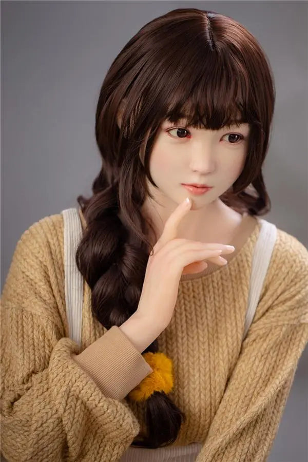 Astrid Asian bangs college sweetheart sex doll, finger touching her chin like she's in deep-thinking- first love high school girl next door by TopLoveDoll