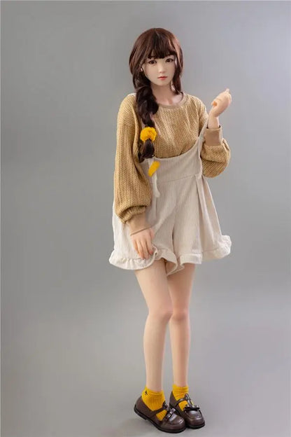 Astrid Asian bangs college sweetheart sex doll, standing on a grey background,  checking her nails, looking at you like she's just got to notice that you arrived- first love high school girl next door by TopLoveDoll