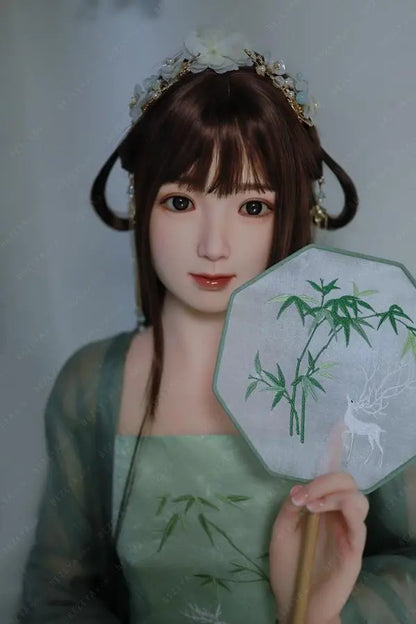 Autumn hanfu Asian girl next door sex doll, in green hanfu attire, ancient chinese hairstyle, holding a traditional embroidery bamboo pattern fan, traditional Chinese dress jade green beauty by TopLoveDoll