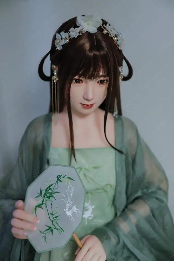 Autumn hanfu Asian girl next door sex doll, in green hanfu attire, ancient Chinese hairstyle, looks shy and conservatory, traditional Chinese dress jade green beauty by TopLoveDoll
