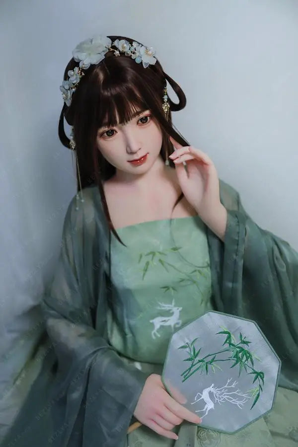 Autumn hanfu Asian girl next door sex doll, porcelain skin, in green hanfu attire, ancient chinese hairstyle, traditional Chinese dress jade green beauty by TopLoveDoll