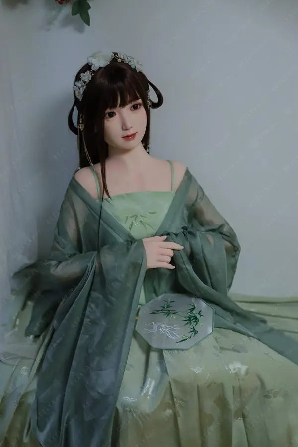 Autumn hanfu Asian girl next door sex doll, in green hanfu attire, sitting sedately, ancient chinese hairstyle, traditional Chinese dress jade green beauty by TopLoveDoll