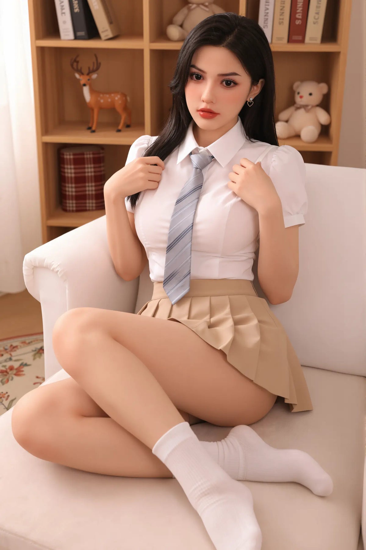 Serene Hana doll seated in a pale armchair with legs crossed and one hand near her face