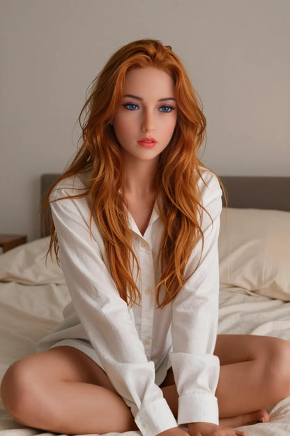 Ursula sex doll petite European figure in open white shirt, big breasts, slim waist, realistic silicone women companion doll by TopLoveDoll