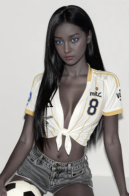 Black Neko ebony sex doll full body front view in tied white football jersey and denim shorts, slim waist, realistic silicone companion doll by TopLoveDoll