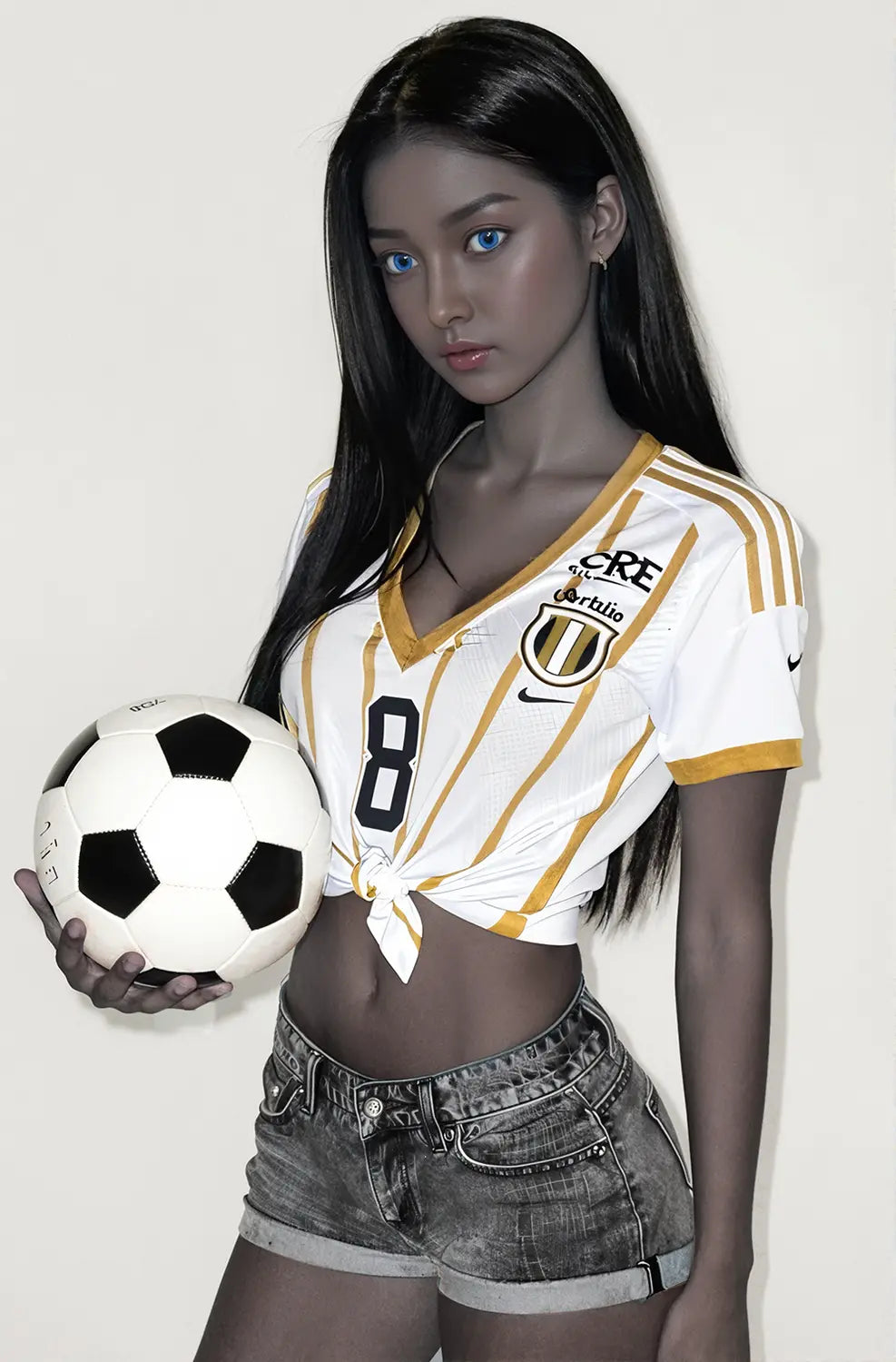 Black Neko world cup 2026 sex doll close-up face portrait, blue eyes, long black hair, soft dark skin, premium lifelike adult doll by TopLoveDoll