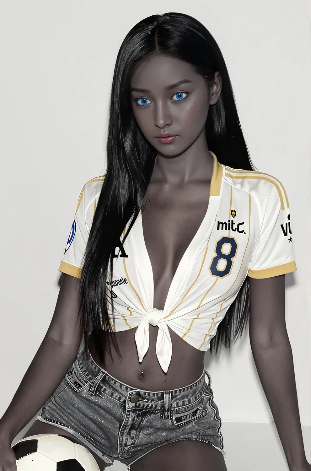 Black Neko skinny sex doll seated pose in white soccer jersey and denim shorts holding football, blue eyes, affordable GND love doll by TopLoveDoll