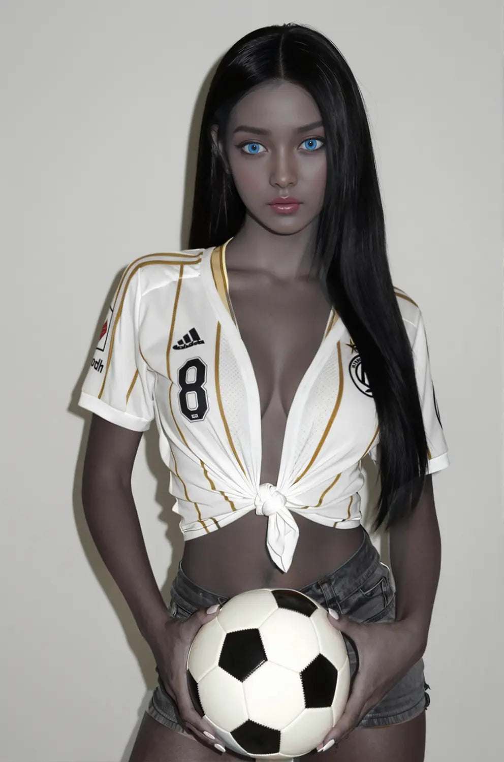 Black Neko skinny black sex doll standing holding soccer ball, tied white jersey number 8, blue eyes, slim figure, customizable ebony sexbot doll by TopLoveDoll