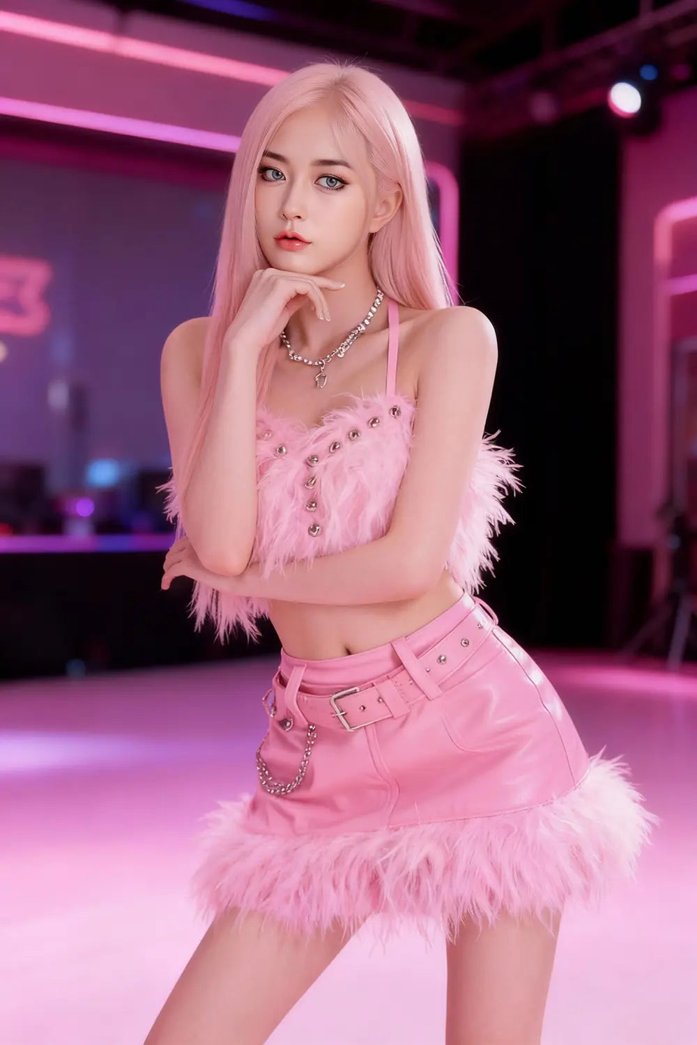 Sway Chelsea Kpop sex doll full body standing on neon pink stage in feathered pink mini skirt and body chain, platinum pink hair, lifelike busty Asian love doll by TopLoveDoll