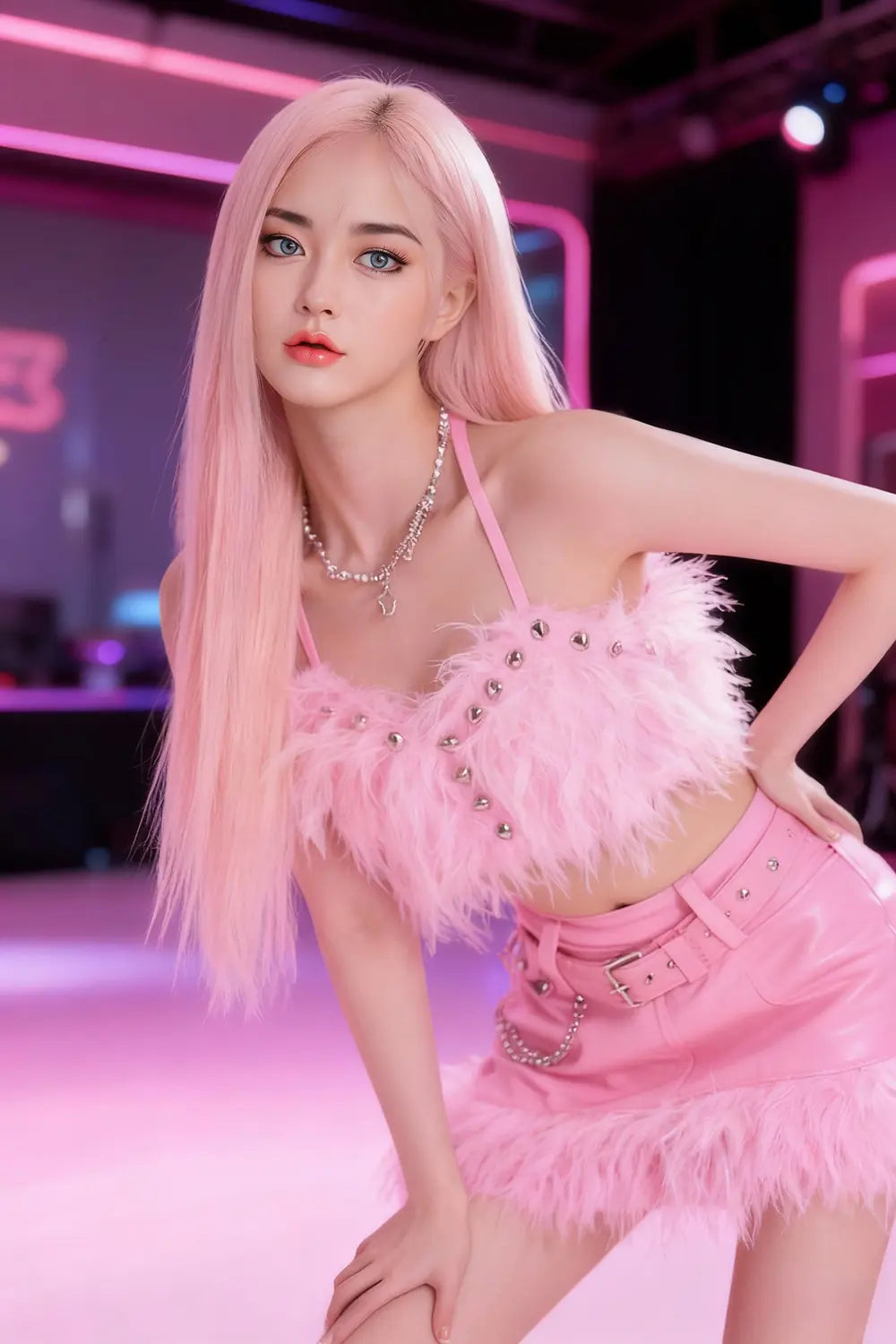 Sway Chelsea goddess sex doll standing on stage in pink feathered skirt, body chain, pink hair, big breasts, realistic silicone celeb companion doll by TopLoveDoll