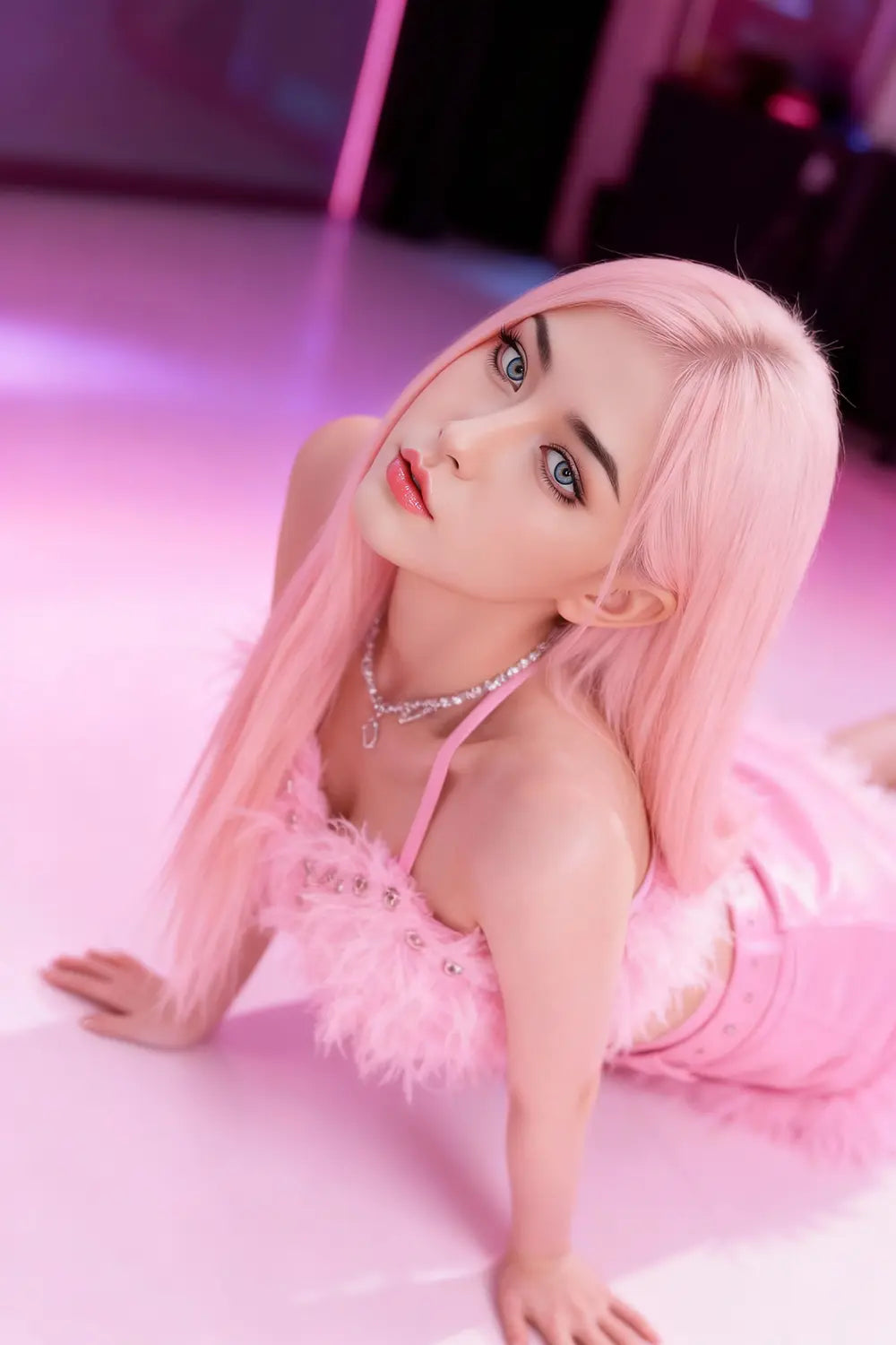 Sway Chelsea pretty sex doll close-up face on stage, platinum pink hair, dark eyes, soft skin, lifesize Asian idol love doll by TopLoveDoll
