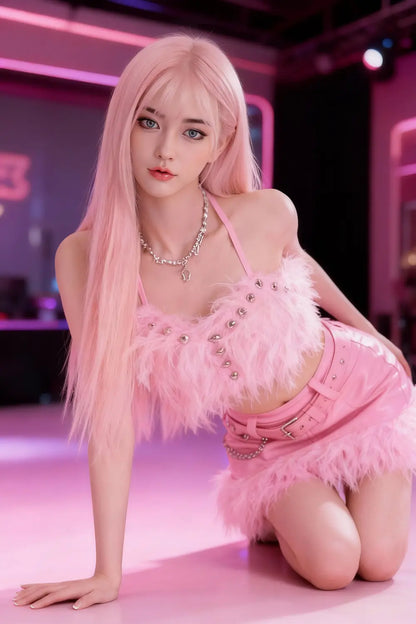 Sway Chelsea Kpop sex doll kneeling in pink feathered skirt, pink hair, topless big tits, neon stage, customizable goddess sexbot doll by TopLoveDoll