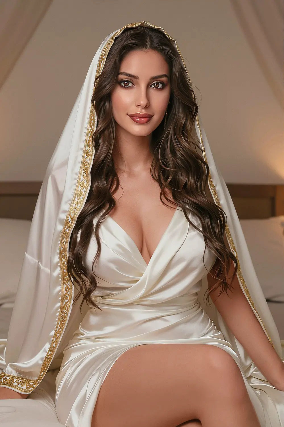 Belly Dancer Mercedes mercedes sex doll kneeling in gold veil, dark waves, huge natural breasts exposed, soft curves, realistic BBW companion doll by TopLoveDoll