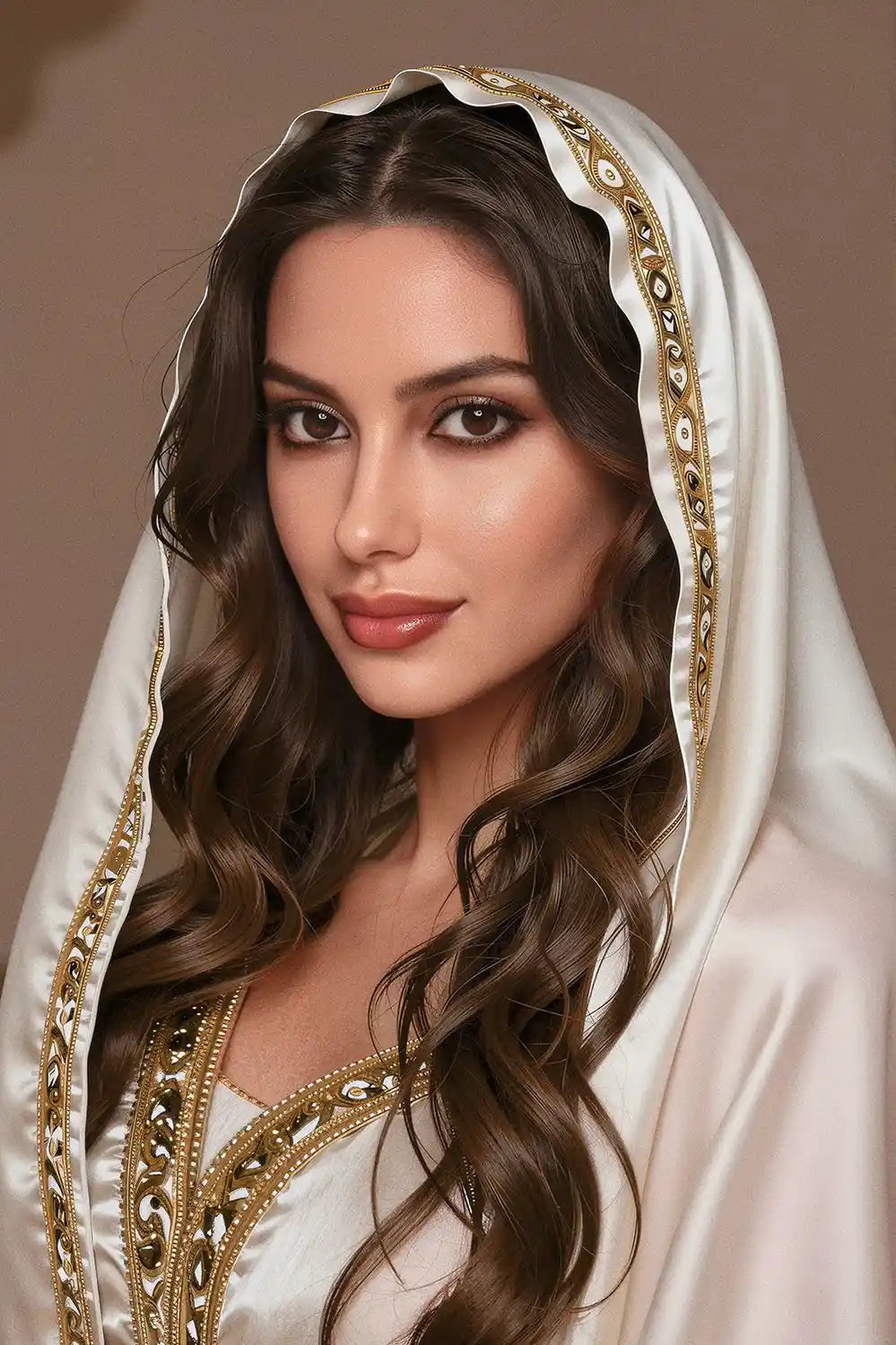 Belly Dancer Mercedes hispanic sex doll close-up seated in gold veil, dark waves, deep cleavage, massive bust, best BBW latina love doll by TopLoveDoll