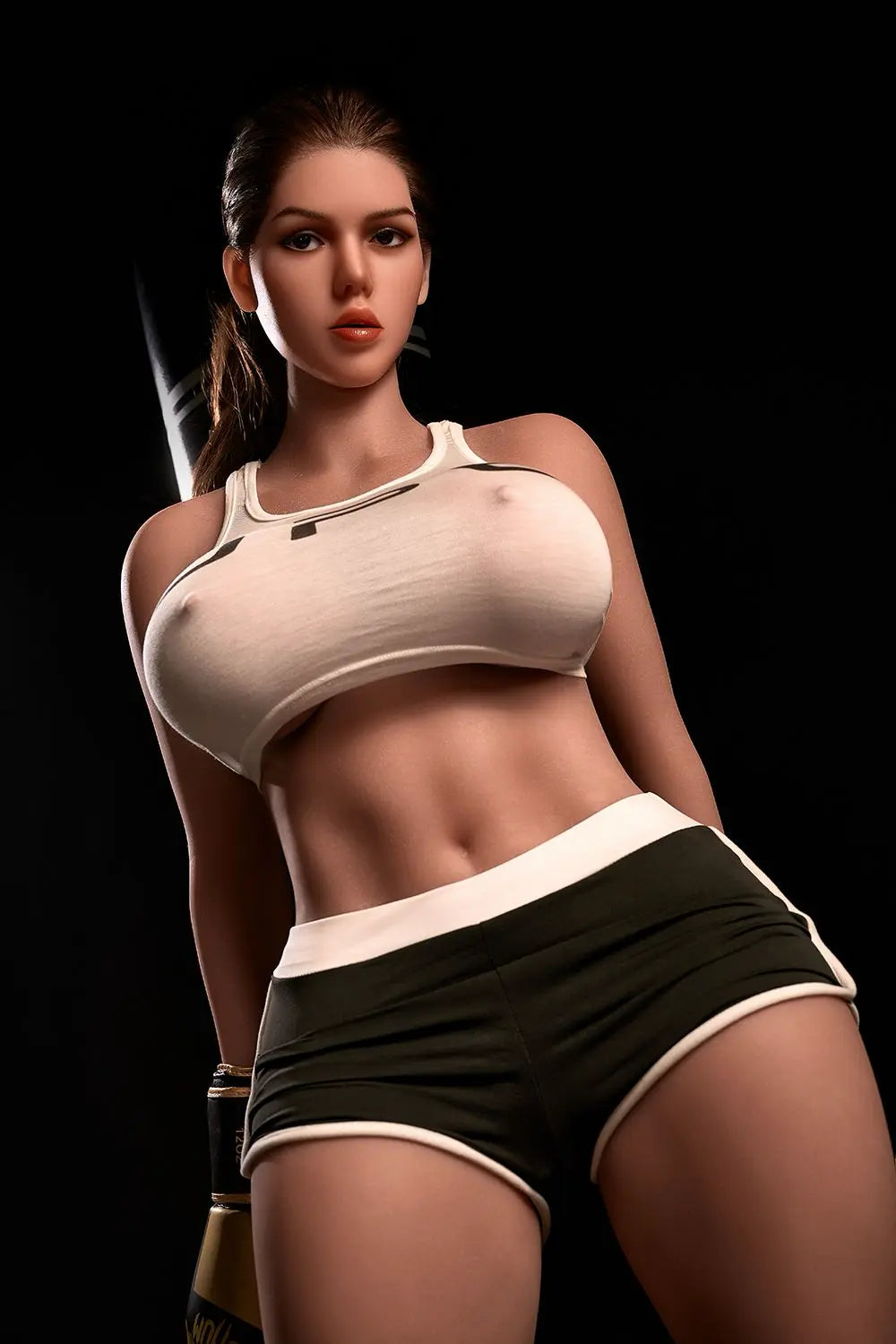 Sporty Nori BBW nori sex doll full body standing in gym holding boxing gloves, white crop top, black shorts, dark brunette hair, massive bust, lifelike latina love doll by TopLoveDoll