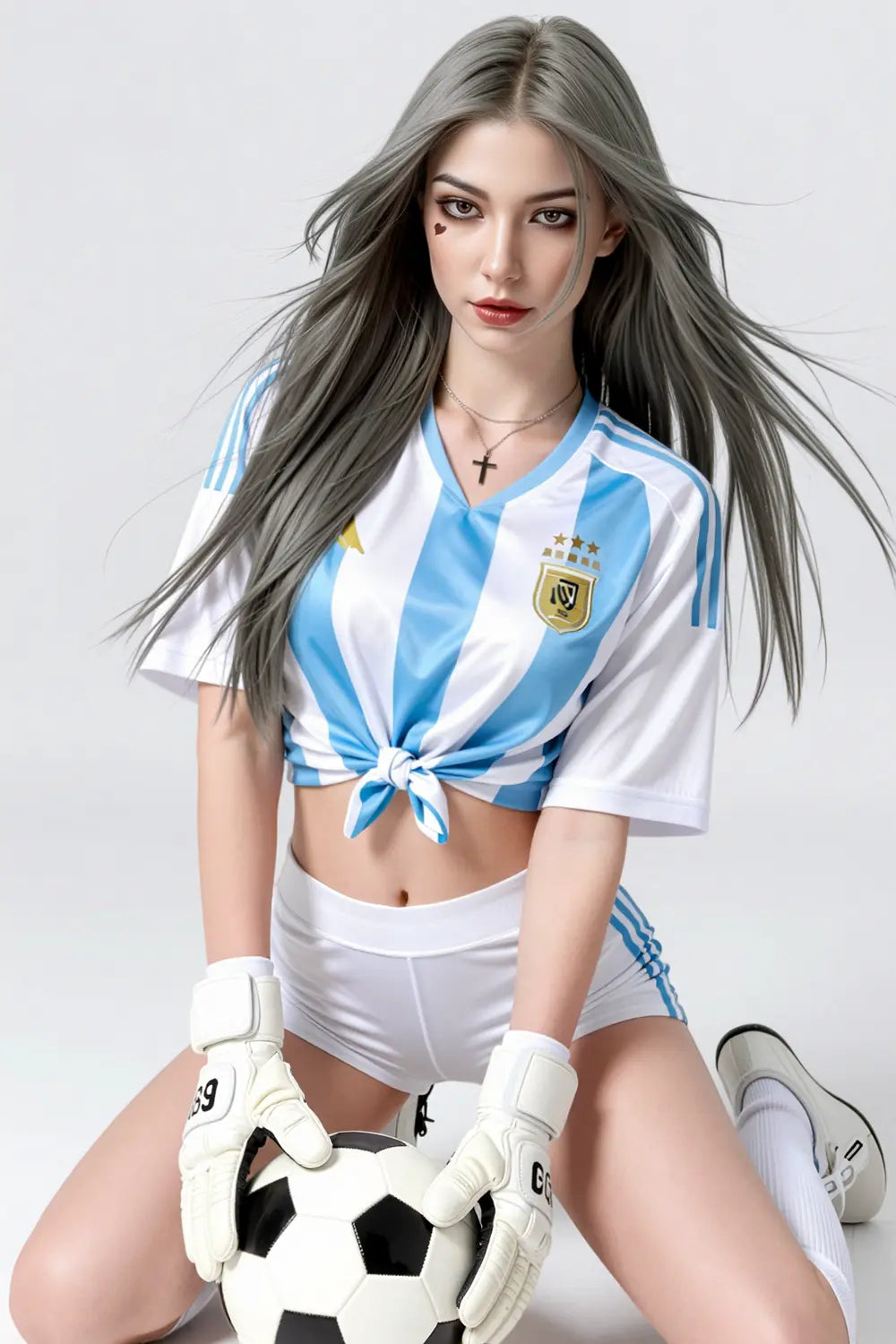 World Cup Nuna roleplay sex doll standing with soccer ball, tied Argentina jersey, blonde waves, slim waist, natural bust, premium lifesize adult doll by TopLoveDoll