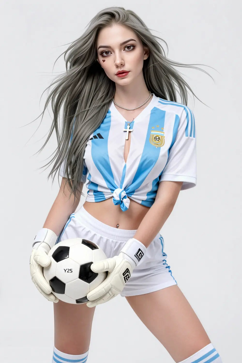 World Cup Nuna 160cm sex doll standing in Argentina jersey, blonde hair, grey-blue eyes, long legs, white shorts, best world cup 2026 love doll by TopLoveDoll