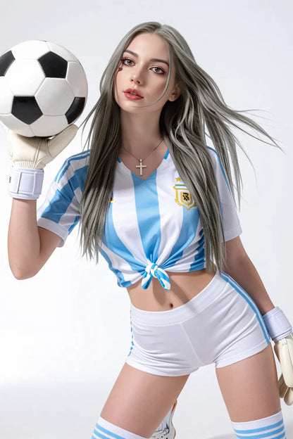 World Cup Nuna blonde sex doll side profile in tied Argentina jersey, slim figure, long blonde waves, soccer ball, customizable GND companion doll by TopLoveDoll