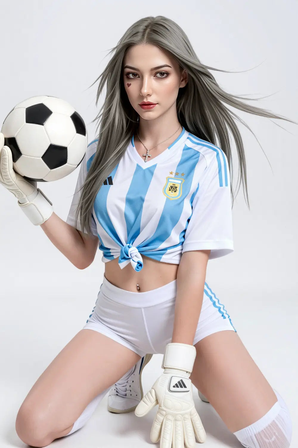 World Cup Nuna nuna sex doll kneeling in Argentina jersey and white shorts, blonde hair, grey-blue eyes, natural bust, lifelike soccer roleplay doll by TopLoveDoll