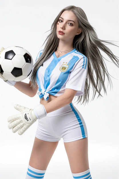 World Cup Nuna roleplay sex doll topless kneeling in white shorts and blue-striped socks, blonde hair, natural breasts, soccer ball, premium adult doll by TopLoveDoll
