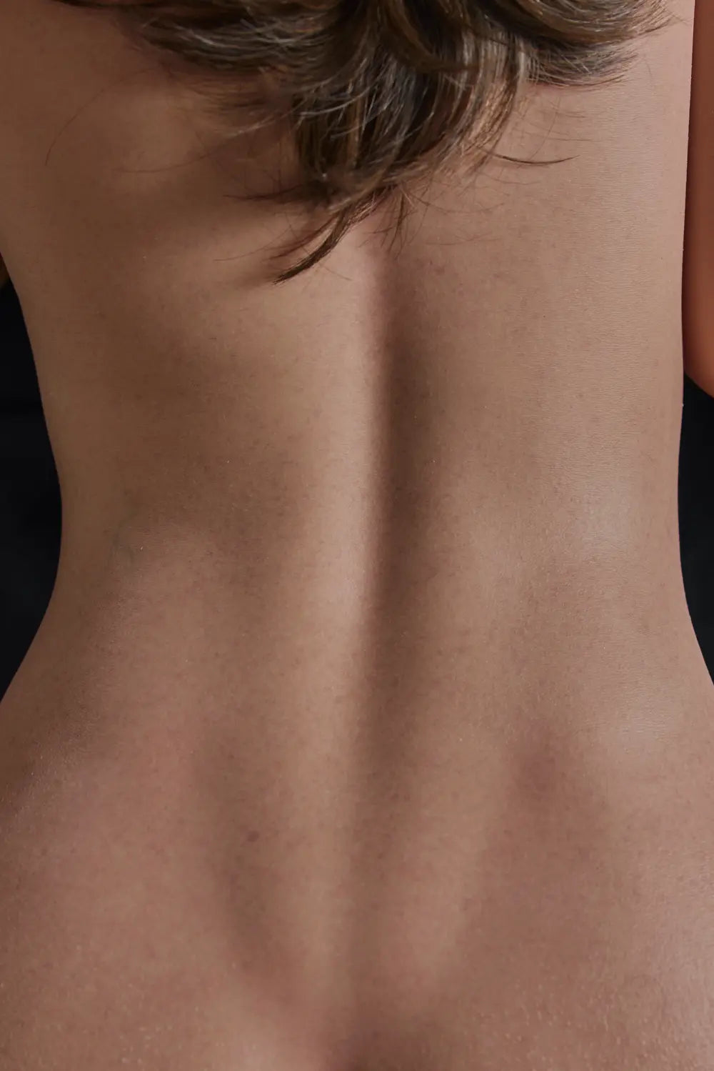Close-up of Alina doll's back, showing the central spinal contour and fine surface texture beneath brown hair.