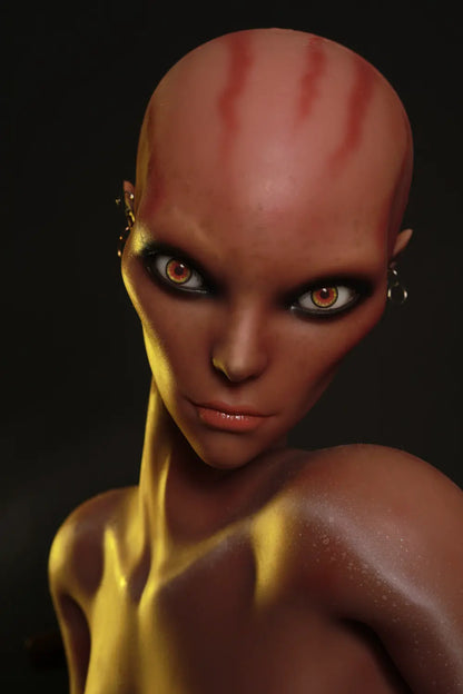 Close-up of Nyxie's alien face showing forehead markings, amber-colored eyes and dark eye surrounds