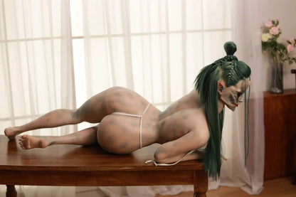 Wide rear three-quarter view of Morveth sex doll lying on a wooden bench