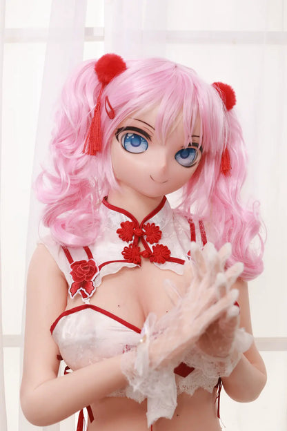 Mirumi sex doll with arms crossed over a red-and-white costume