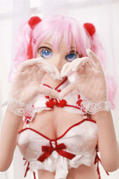 Front portrait of Mirumi waifu sex doll with pink twin tails and red hair accessories