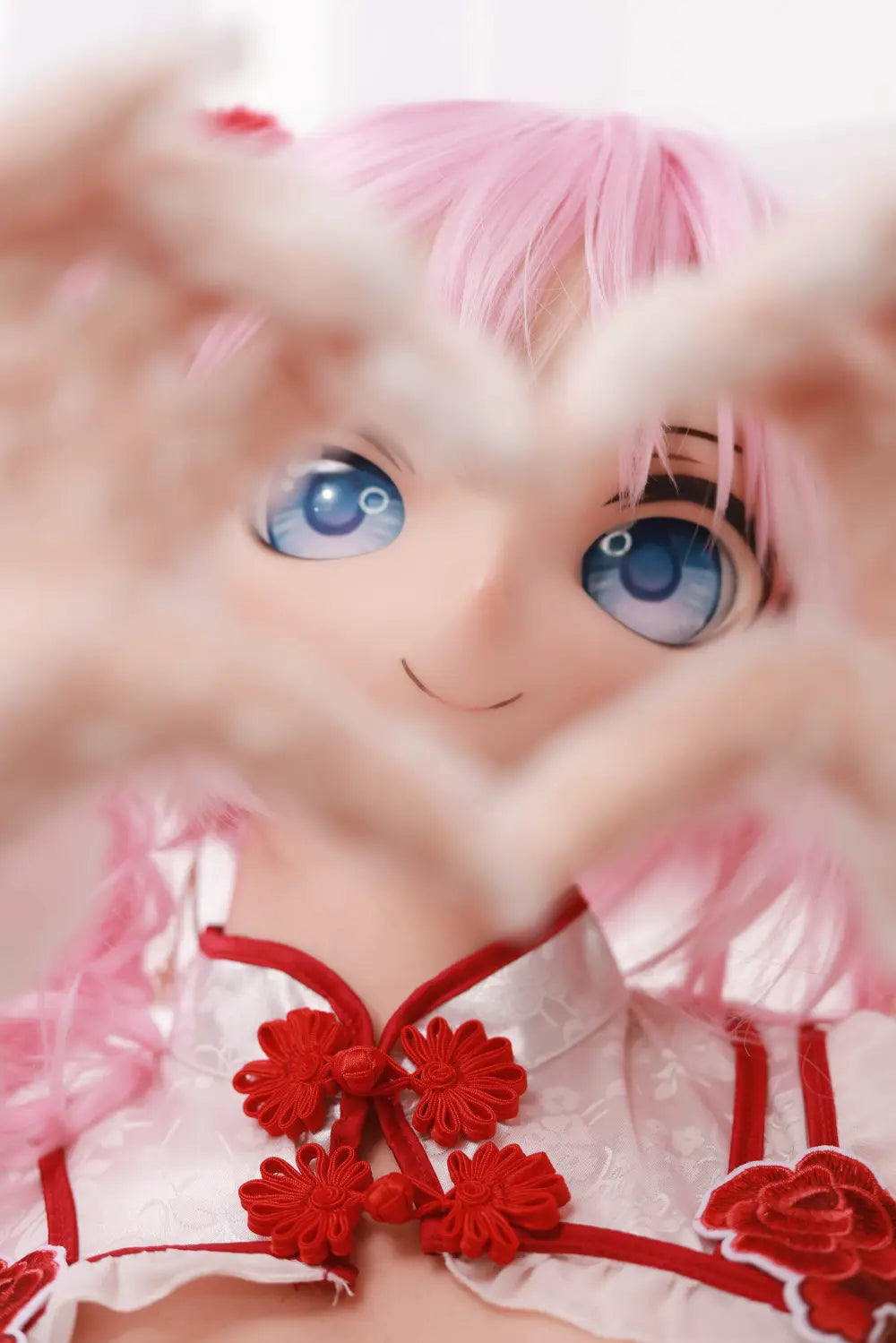 Close-up of Mirumi's 2D-style anime face with large blue eyes