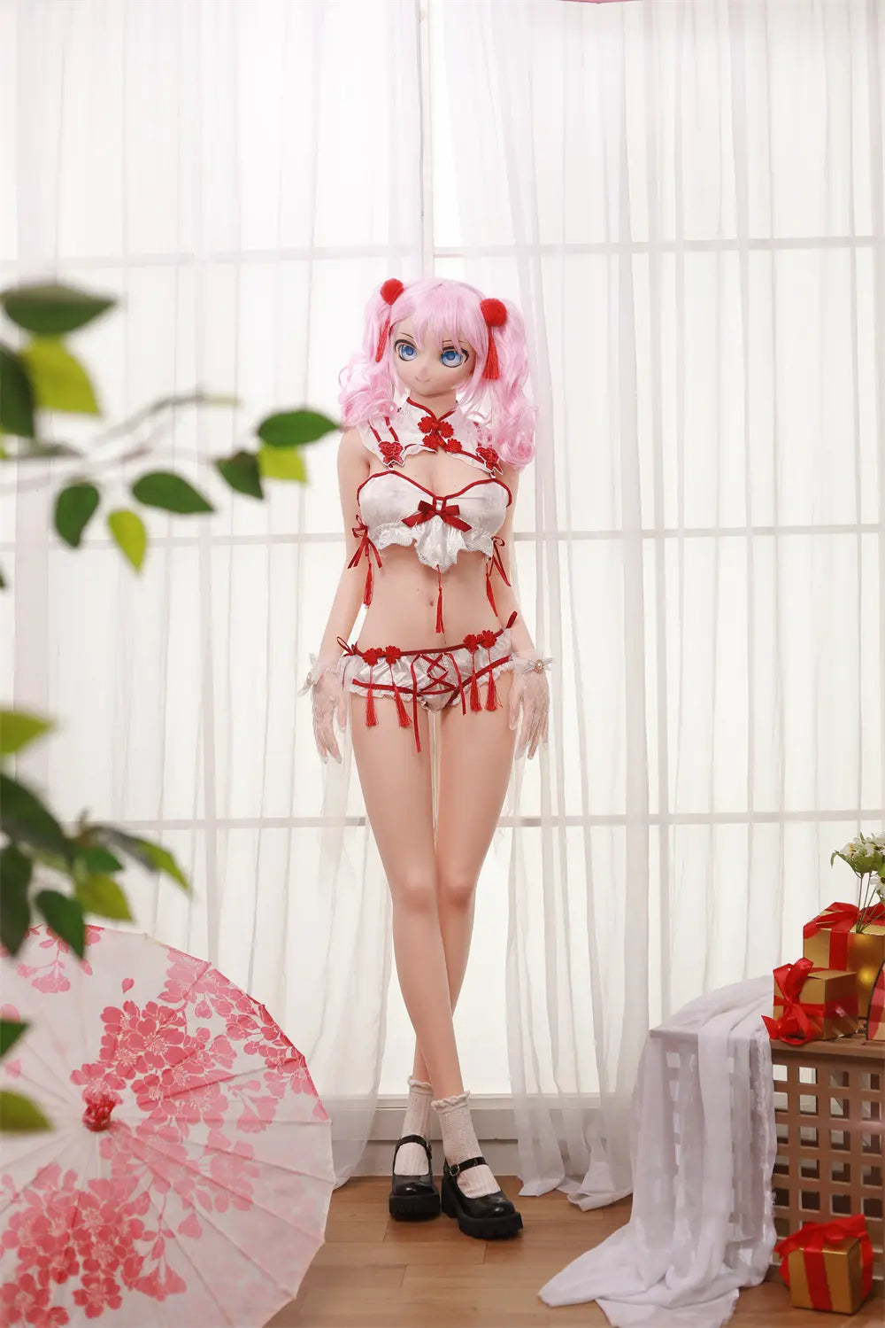 Full-length view of Mirumi sex doll beside flowers and a wicker basket