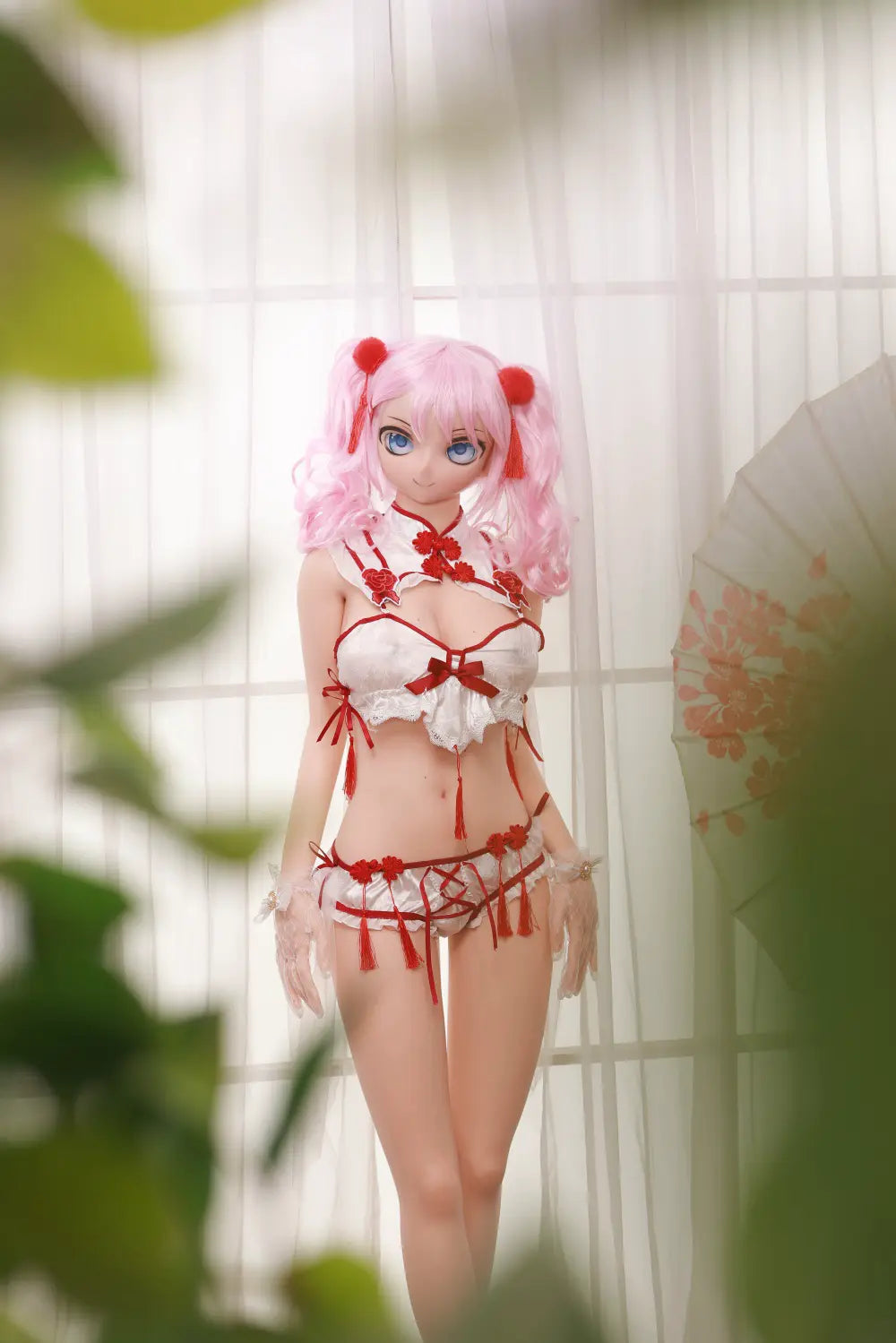 Side standing view of Mirumi anime sex doll in a red-and-white outfit
