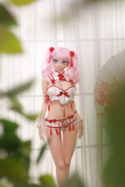 Side standing view of Mirumi anime sex doll in a red-and-white outfit