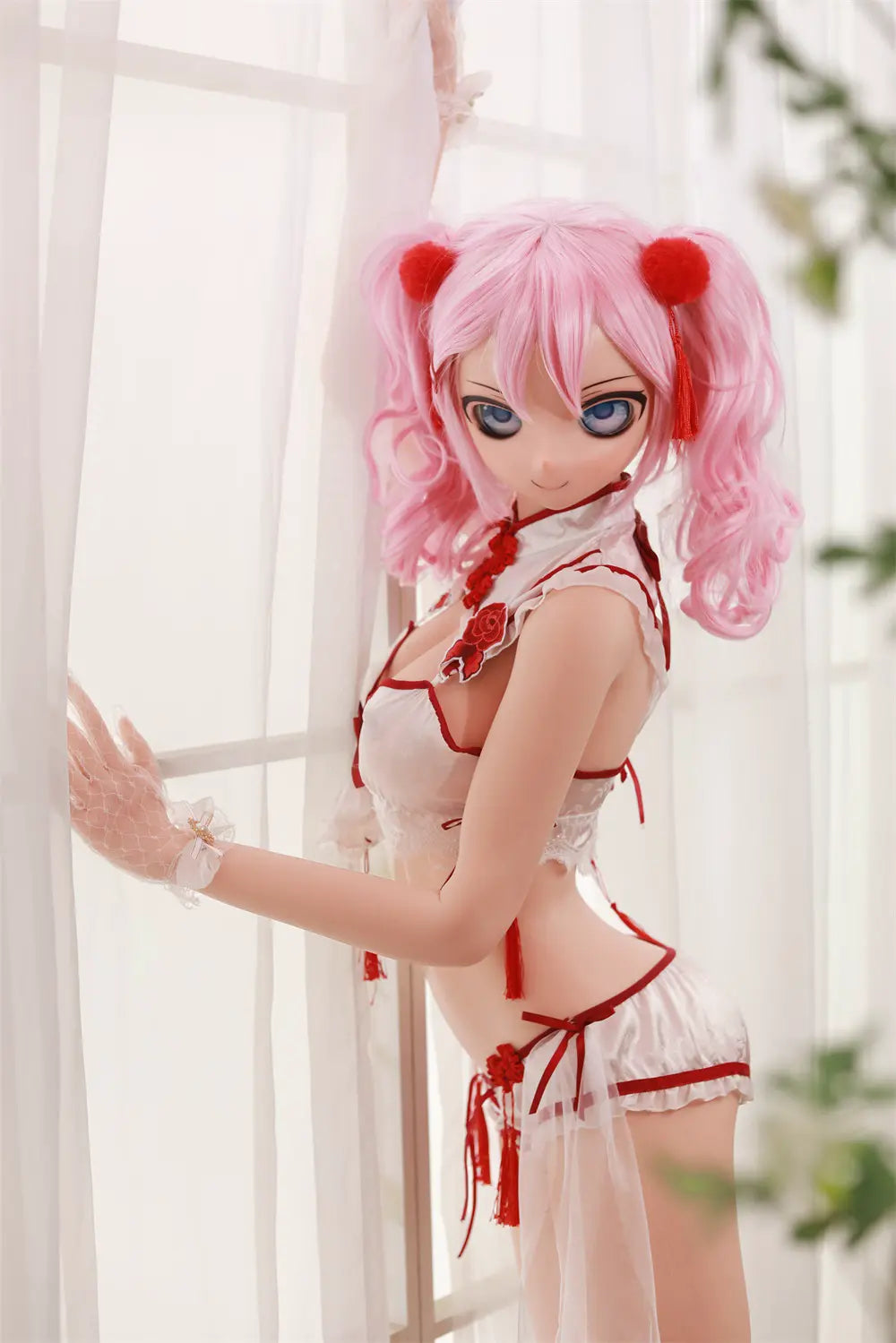 Side view of Mirumi sex doll with one hand extended in a bright room